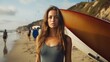 young woman standing with surfboard at Malibu beach. California lifestyle Concept.