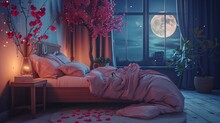 Decorated Room With Love Tree And Soft Light Lamp Pink Walls And Heart Shape Pillow On Bed And View From Window For Valentine Day Generated By AI Tool 