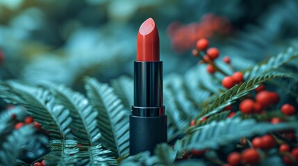 Mockup lipstick cosmetic on nature background. Organic natural ingredients beauty product among green plants. Skin care, beauty and spa product presentation, copy space.