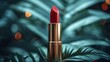 Mockup lipstick cosmetic on nature background. Organic natural ingredients beauty product among green plants. Skin care, beauty and spa product presentation, copy space.