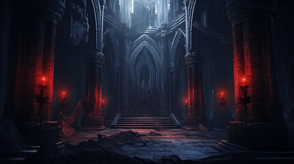 dark and atmospheric illustration of fantasy castle's throne room, adorned with gothic architecture