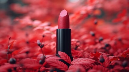 Mockup lipstick cosmetic on nature background. Organic natural ingredients beauty product among green plants. Skin care, beauty and spa product presentation, copy space.