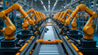 Robots at work inside a small parts assemble line inside a factory.