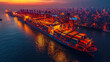 Large container ship inside harbor. Concept for global trade and shipments worldwide.