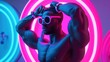 © Justlight - Cartoon digital avatar of a fitness influencer flexing their muscles in front of a neon gym sign.