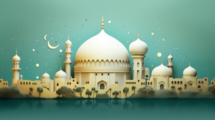 Wall Mural - mosque and moon at night in paper cutting style 3D illustration. Ramadan kareem and eid fitr islamic concept background for greeting card and flyer. colorful pastel color.