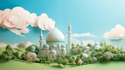 Wall Mural - mosque in paper cutting style 3D illustration. Ramadan kareem and eid fitr islamic concept background for greeting card and flyer. colorful pastel color.