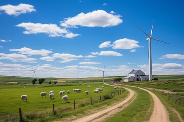 Rural wind turbine generating clean energy on a farm, Generative AI