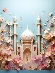 Wall Mural - mosque and blossom flowers in paper cutting style 3D illustration. Ramadan kareem and eid fitr islamic concept background for greeting card and flyer. colorful pastel color.