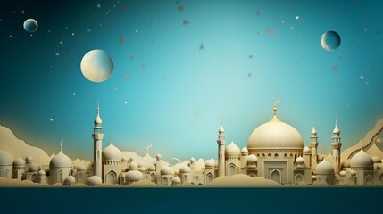 Wall Mural - mosque and moon at night in paper cutting style 3D illustration. Ramadan kareem and eid fitr islamic concept background for greeting card and flyer. colorful pastel color.