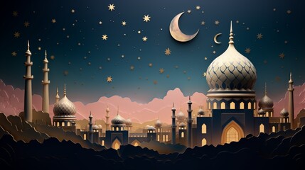 Wall Mural - mosque and moon at night in paper cutting style 3D illustration. Ramadan kareem and eid fitr islamic concept background for greeting card and flyer. colorful pastel color.