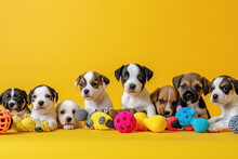 A Group Of Puppies With Toys On A Yellow Background.