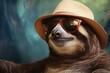 Sloth in hat and sunglasses, blue background