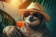 Sloth in sunglasses with a cocktail on a background of plants