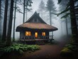 An eerie, old hut concealed in a foggy forest, shrouded in the mysteries of nature by ai generated