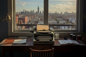 Wall Mural - Office with Brooklyn view, vintage typewriter. Generative AI