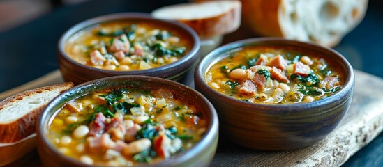 Sticker - Three servings of white bean and ham soup accompanied by bread.