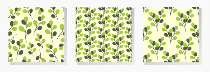 Sticker - Black branches with green leafs on ivory background. Floral seamless patterns collection.