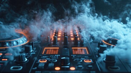 Wall Mural - Particles of smoke dance around the ons and dials of a mixer as a skilled DJ seamlessly transitions between tracks and creates an electrifying atmosphere.