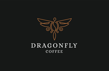 Wall Mural - Dragonfly coffee logo. Dragonfly with coffee bean shape design template flat illustration