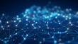 © jex - Abstract geometric network on dark blue background, illustrating the concept of network line connections and data connections. Blue lines connected with dots illustrate the network structure.