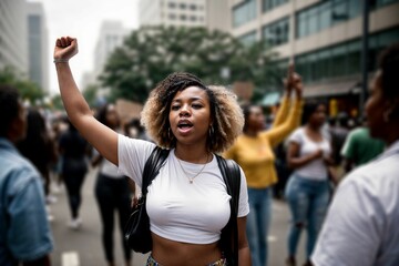 Wall Mural - an African American protester in a protest with a group of protesters in a street calling for social justice