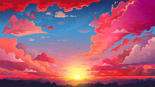 Red Sky Sunset Anime Background With Fluffy Clouds And Sun. Cartoon Vector Beautiful Nature Landscape, Vivid Bright Cloudscape With Shining Rays Over The Mountain Peaks And Tree Crowns, Evening View