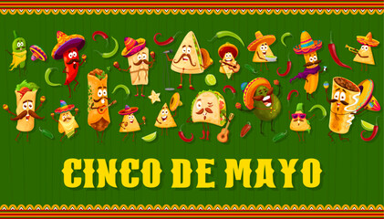 Wall Mural - Cinco de Mayo Mexican holiday banner with Tex Mex food characters, vector cartoon background. Cinco de Mayo fiesta celebration with funny burrito in sombrero, tacos with guitar and mariachi nachos