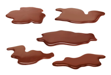 Realistic liquid chocolate puddles, brown choco milk spills. Isolated 3d vector tempting and decadent blots and drips with glossy surface. Rich and indulgent luscious blots, and mesmerizing drips set