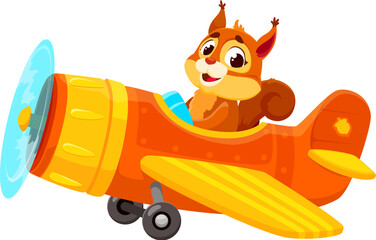 Sticker - Baby animal character on plane. Cartoon animal squirrel kid airplane pilot. Isolated vector pint-sized adventurer, fearlessly navigates a tiny biplane, ready for high-flying escapades in the wide sky