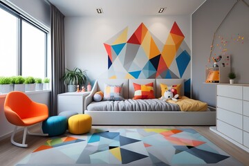 Wall Mural - a modern and colorful bedroom design with a geometric theme. The room features a gray bed with colorful pillows, a geometric rug, and a geometric mural on the wall.