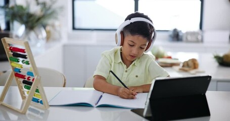 Sticker - Boy, notebook and writing with headphones and tablet for online education, course and math at home. Distance learning, technology and audio with test for education, kid student studying and elearning