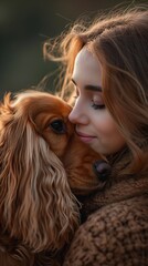 Wall Mural - woman hugging dog face close profile portrait love belonging blond hair trustworthy eyes healing soft red friend interconnected human girl