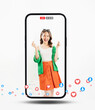 © sitthiphong - Asia vlogger woman influencer live streaming on smartphone, show sample products Selling things online through various social media, Content creator concept.