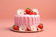 3D Vanilla Cake Decorated with Strawberry Halves, on pink background, Generative AI