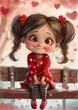 cartoon girl sitting bench hearts background trend focus close mischievous eyes big smile face wearing red clothes happy small stature trustworthy