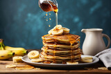 Fototapeta Na drzwi - Maple syrup dripping onto banana pancakes, food photography, generative ai