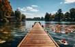 A pier on a lake with clouds and a beautiful landscape