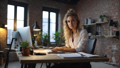 Wall Mural - Look at camera or Young female freelancer working in loft office