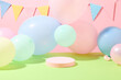 Front view of birthday scene decorated with a string of triangular flags and colorful balloons. A pastel pink podium is placed in the center for display.