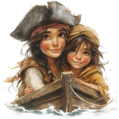 Wall Mural - A Playful Scene Where A Mother Dressed As A Pirate, Isolate Images White Background