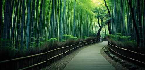 An empty road in the middle of a green and dense bamboo forest