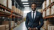Successful happy confident handsome black african business man looking at camera in a warehouse stockroom from Generative AI