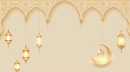 Canvas Print - Ramadan Kareem background with golden lanterns, arabic ornament and crescent moon.