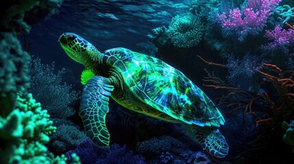 Wall Mural - A neon green sea turtle gracefully swimming through a sea of coral its shell glowing in the neon light.