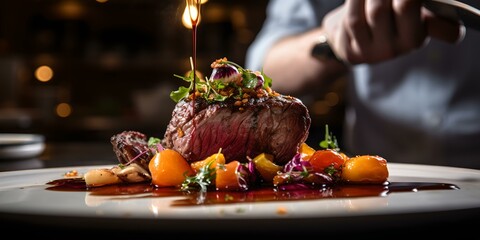 Wall Mural - Chef pouring sauce over gourmet steak dish in fine dining restaurant, capturing culinary art and elegance. AI