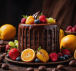 Chocolate cake decorated with fresh fruits and chocolate pieces, selective focus. Generative AI