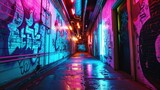 Fototapeta Londyn - The walls are splashed with neon graffiti giving off a cool urban vibe.