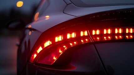 A detailed shot of the LED headlights and taillights on an environmentally conscious car using less energy and lasting longer than traditional lights.