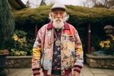 Fototapeta  - Old man with long gray beard and mustache in colorful jacket posing in the garden
